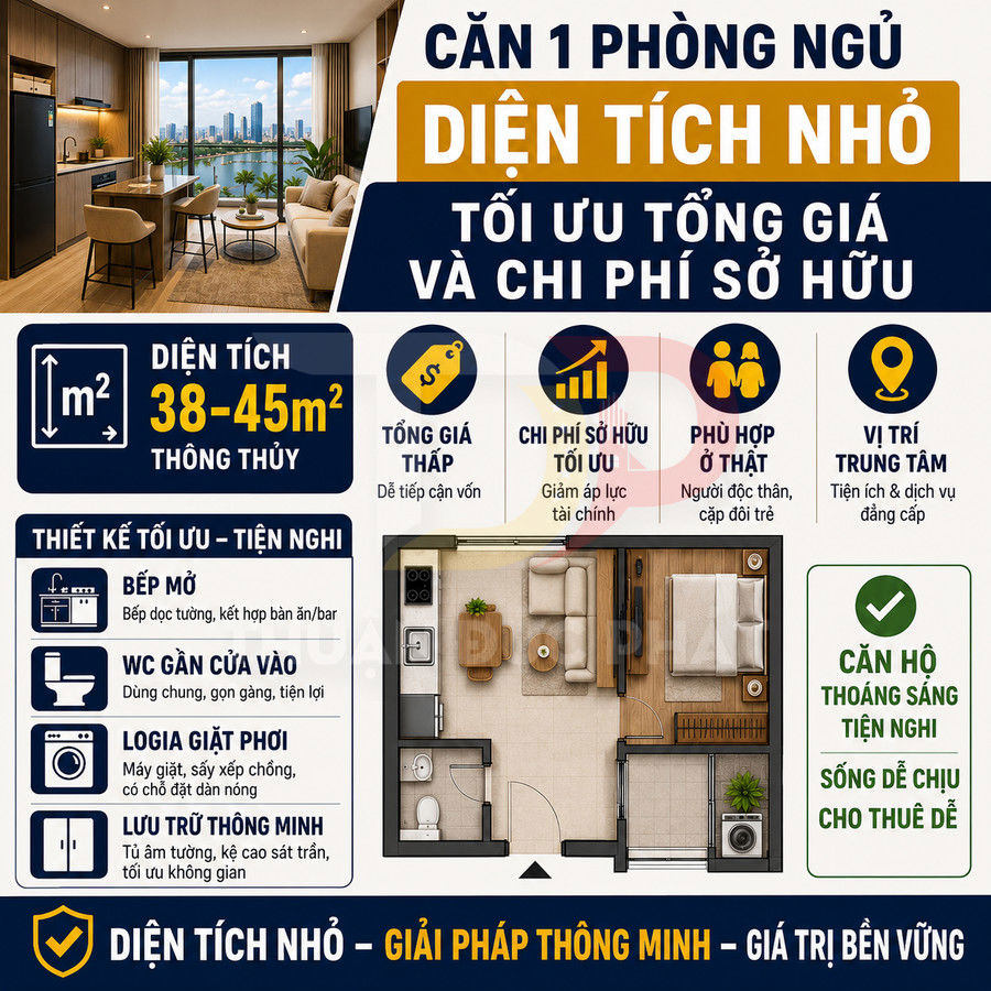 Thiết kế căn hộ 1 phòng ngủ diện tích nhỏ 38 45m2 tối ưu công năng và chi phí sở hữu