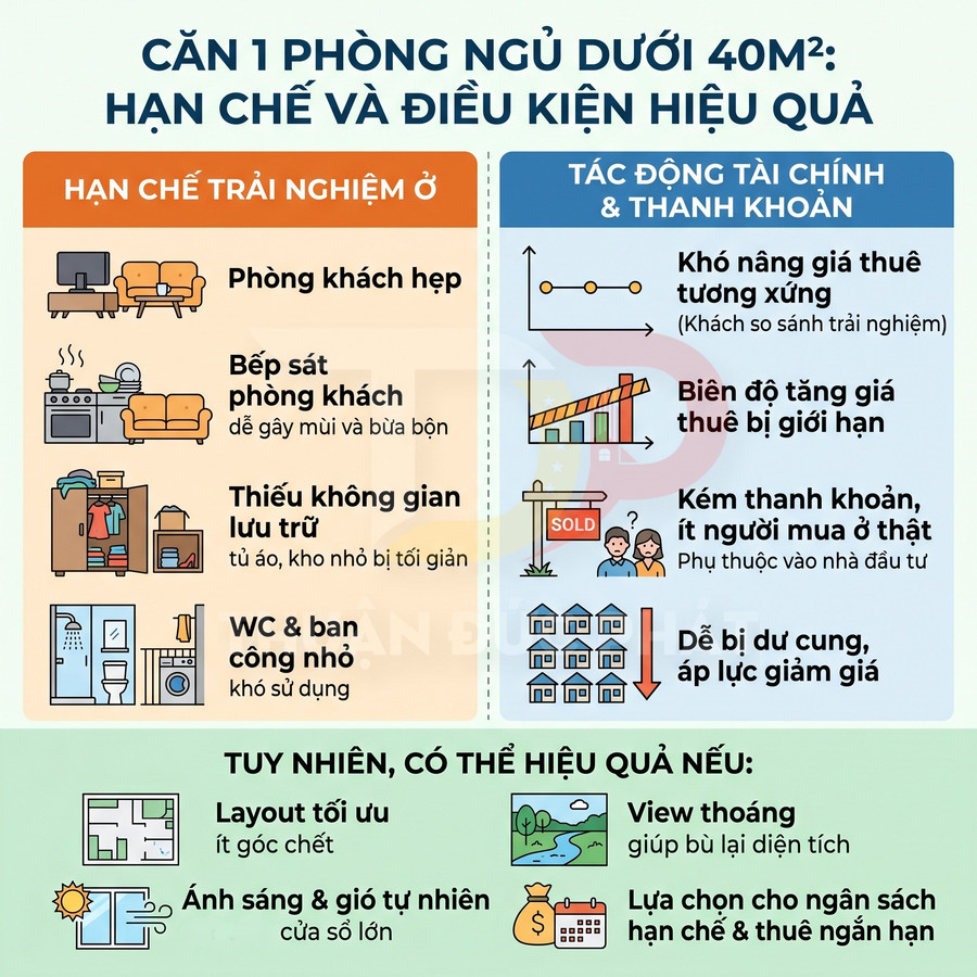 Infographic phân tích hạn chế và điều kiện hiệu quả khi đầu tư căn hộ 1 phòng ngủ dưới 40m2