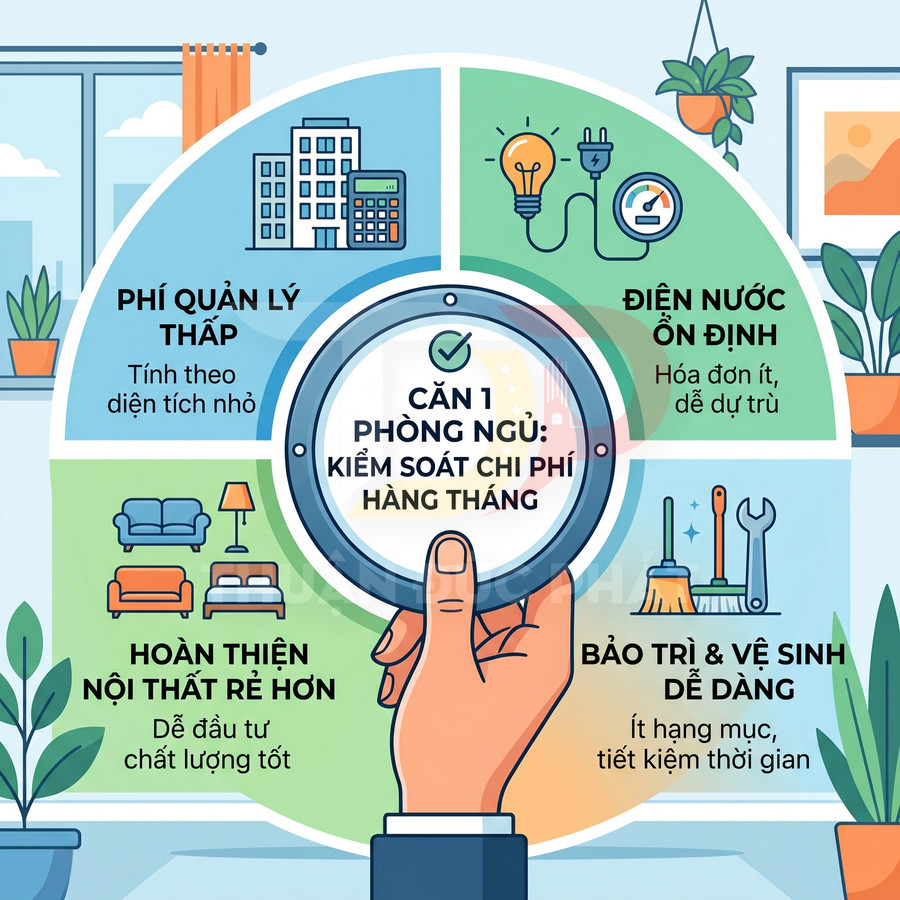 Minh họa lợi ích căn hộ 1 phòng ngủ với chi phí quản lý thấp, điện nước ổn định, nội thất rẻ và bảo trì dễ dàng