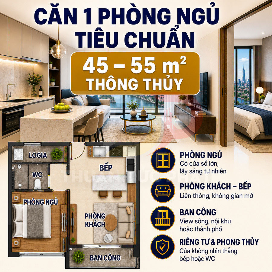 Thiết kế căn hộ 1 phòng ngủ 45 55m2 với phòng khách bếp liên thông, ban công view sông và logia riêng
