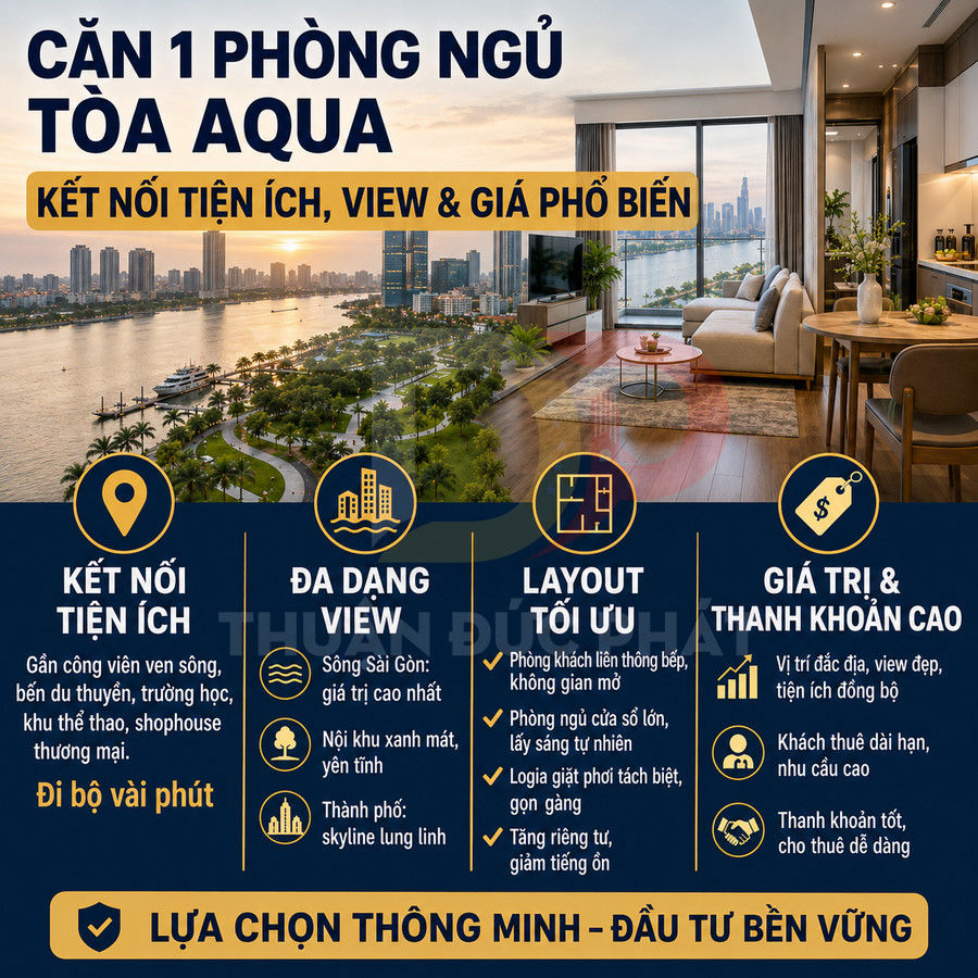 Căn hộ 1 phòng ngủ tòa Aqua view sông Sài Gòn, nội thất hiện đại, kết nối tiện ích và giá trị đầu tư cao