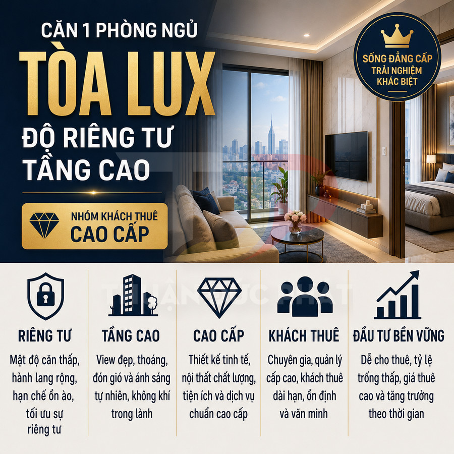 Căn hộ 1 phòng ngủ tòa Lux cao cấp, phòng khách và phòng ngủ hiện đại, view thành phố rộng mở