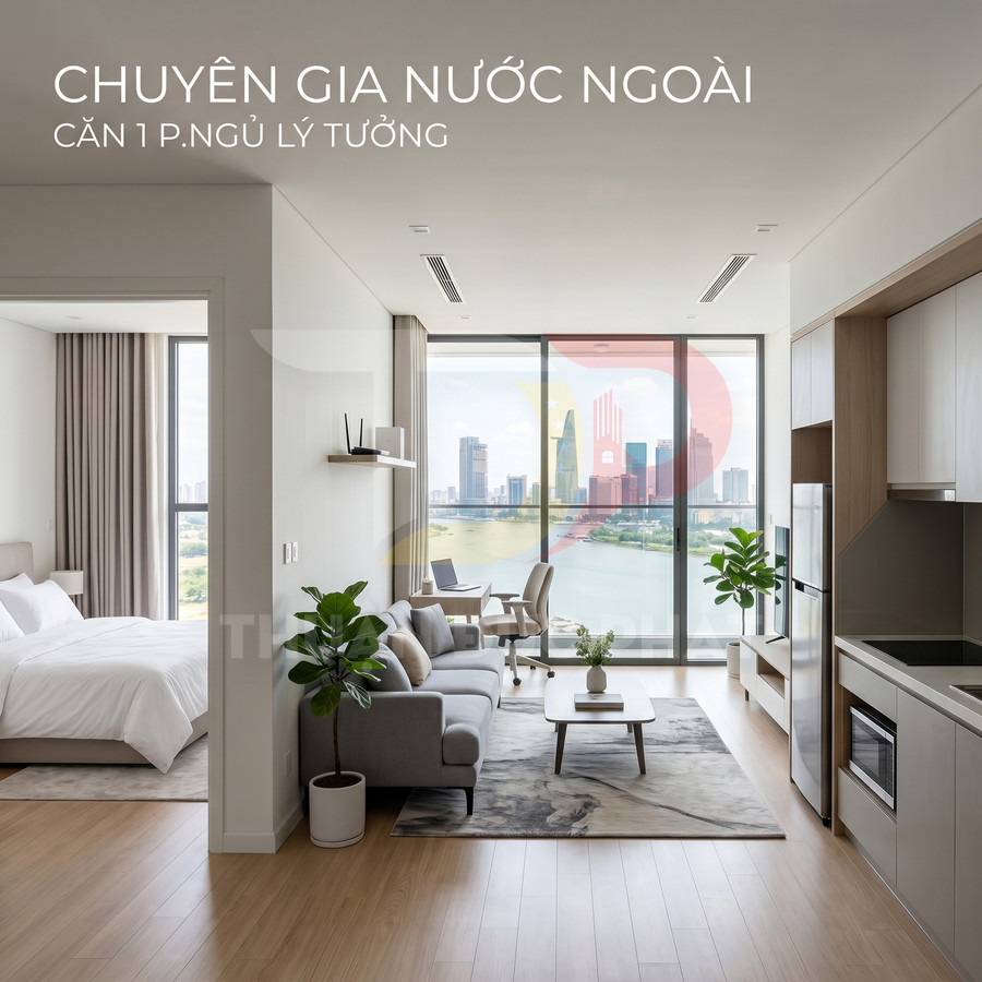 Căn hộ 1 phòng ngủ hiện đại với phòng khách, bếp và view sông nhìn ra trung tâm thành phố