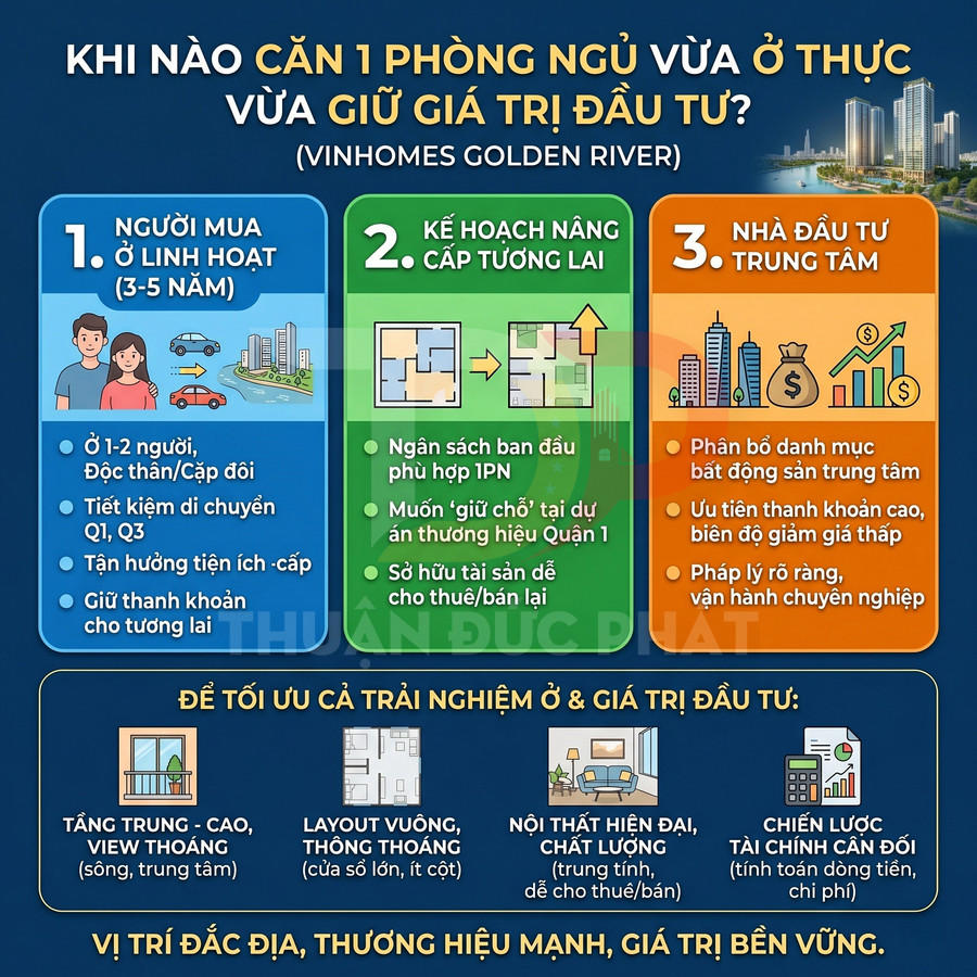 Infographic Vinhomes Golden River giới thiệu lợi ích căn hộ 1 phòng ngủ cho người mua ở, kế hoạch nâng cấp và nhà đầu tư
