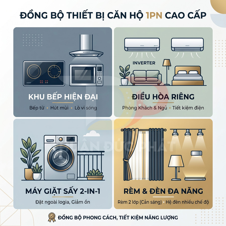Thiết bị căn hộ 1 phòng ngủ cao cấp với bếp từ, máy hút mùi, lò vi sóng, điều hòa, máy giặt sấy, rèm và đèn đa năng