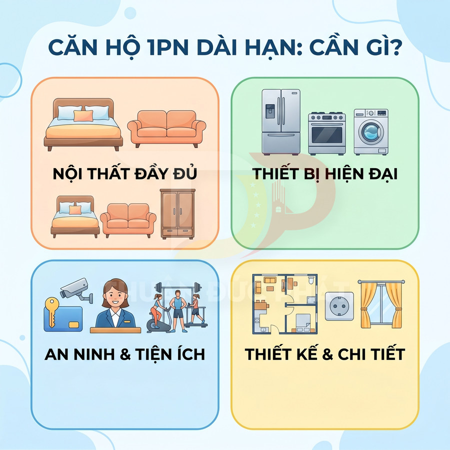 Infographic yêu cầu căn hộ 1 phòng ngủ dài hạn với nội thất đầy đủ, thiết bị hiện đại, an ninh tiện ích và thiết kế chi tiết