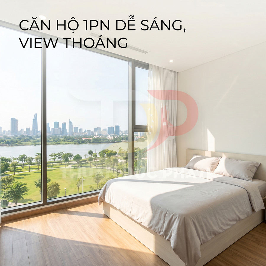 Căn hộ 1 phòng ngủ sáng sủa với giường đôi, cửa kính lớn view sông và công viên, nhìn ra trung tâm thành phố