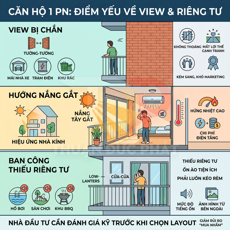 Infographic mô tả nhược điểm căn hộ 1 phòng ngủ về view, hướng nắng gắt và ban công thiếu riêng tư