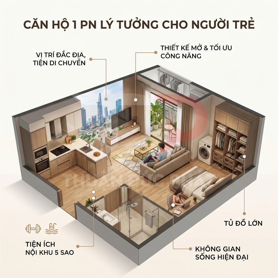 Thiết kế căn hộ 1 phòng ngủ hiện đại cho người trẻ với phòng khách, bếp, phòng ngủ và ban công tiện nghi