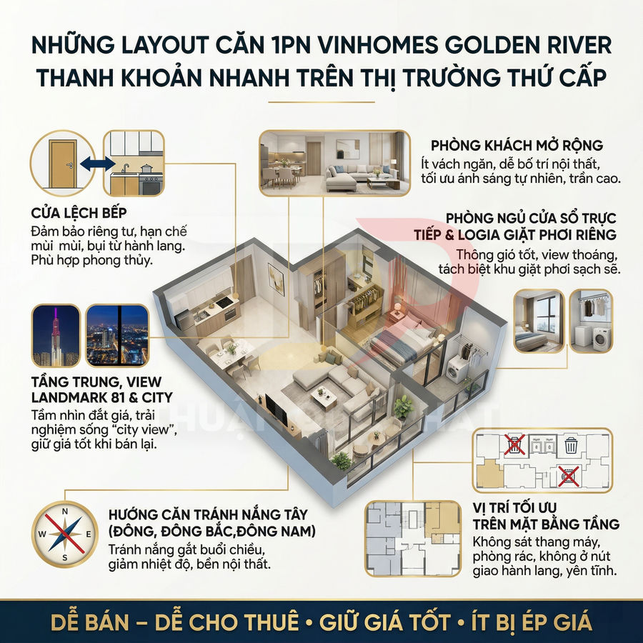 Layout căn hộ 1 phòng ngủ Vinhomes Golden River với phòng khách mở rộng, bếp lệch cửa và logia giặt phơi riêng