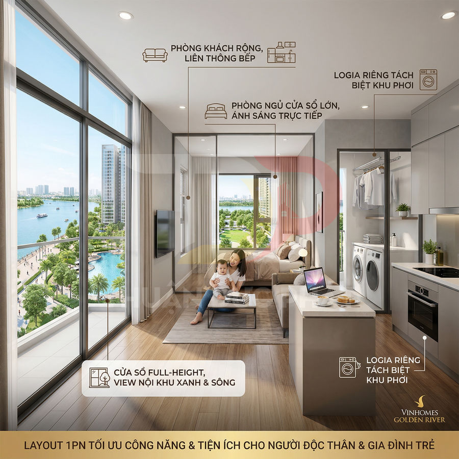 Căn hộ Vinhomes Golden River 1 phòng ngủ hiện đại, phòng khách liền bếp, cửa kính lớn view sông và khu tiện ích xanh