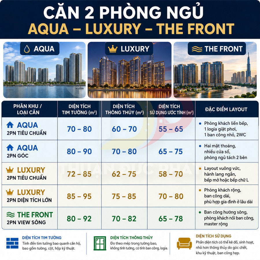 Bảng so sánh căn hộ 2 phòng ngủ Aqua, Luxury, The Front với diện tích và đặc điểm layout chi tiết
