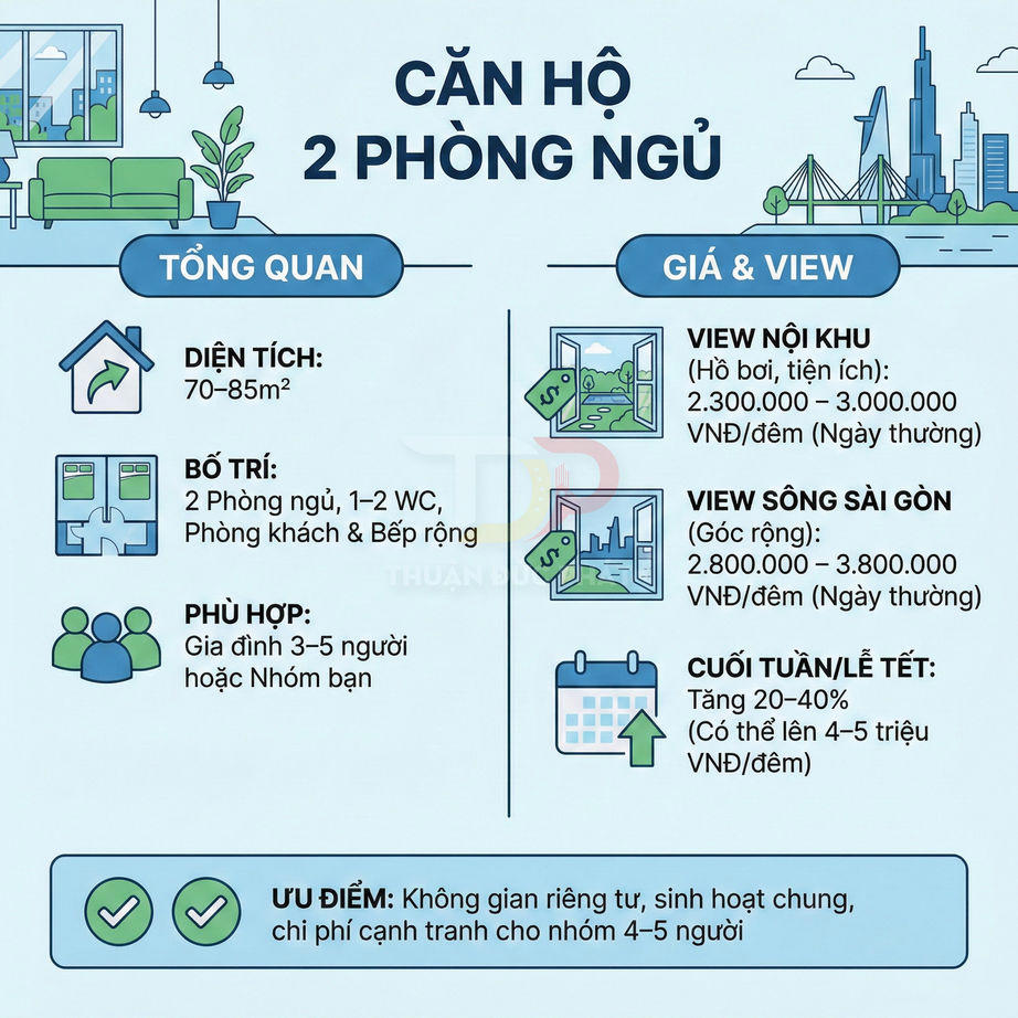 Thông tin căn hộ 2 phòng ngủ 70–85m2, bố trí 2 phòng ngủ, 1–2 WC, giá thuê theo view nội khu hoặc view sông Sài Gòn