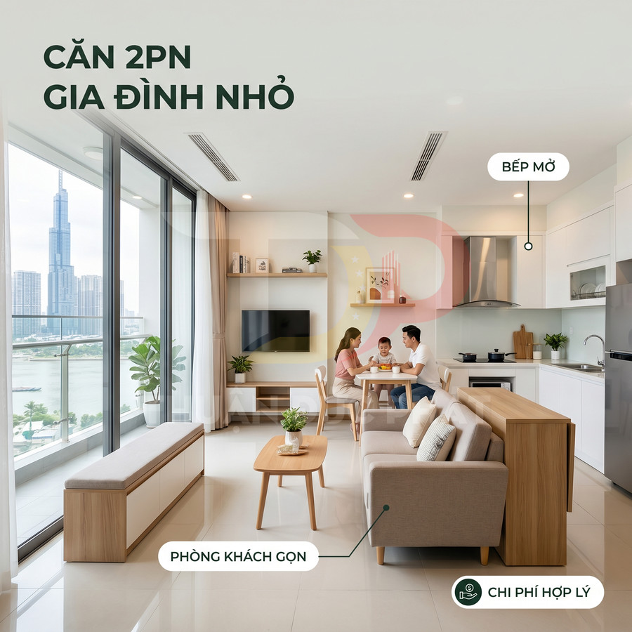 Căn hộ 2 phòng ngủ hiện đại cho gia đình nhỏ với phòng khách gọn và bếp mở nhìn ra view sông