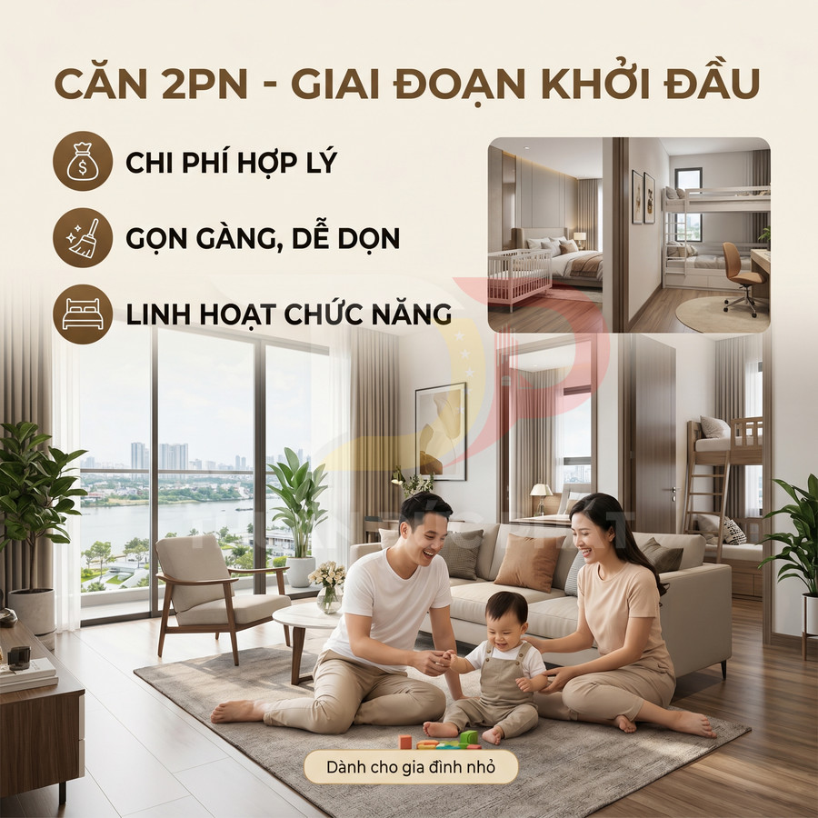Căn hộ 2 phòng ngủ hiện đại cho gia đình nhỏ với phòng khách sáng và nội thất gọn gàng linh hoạt