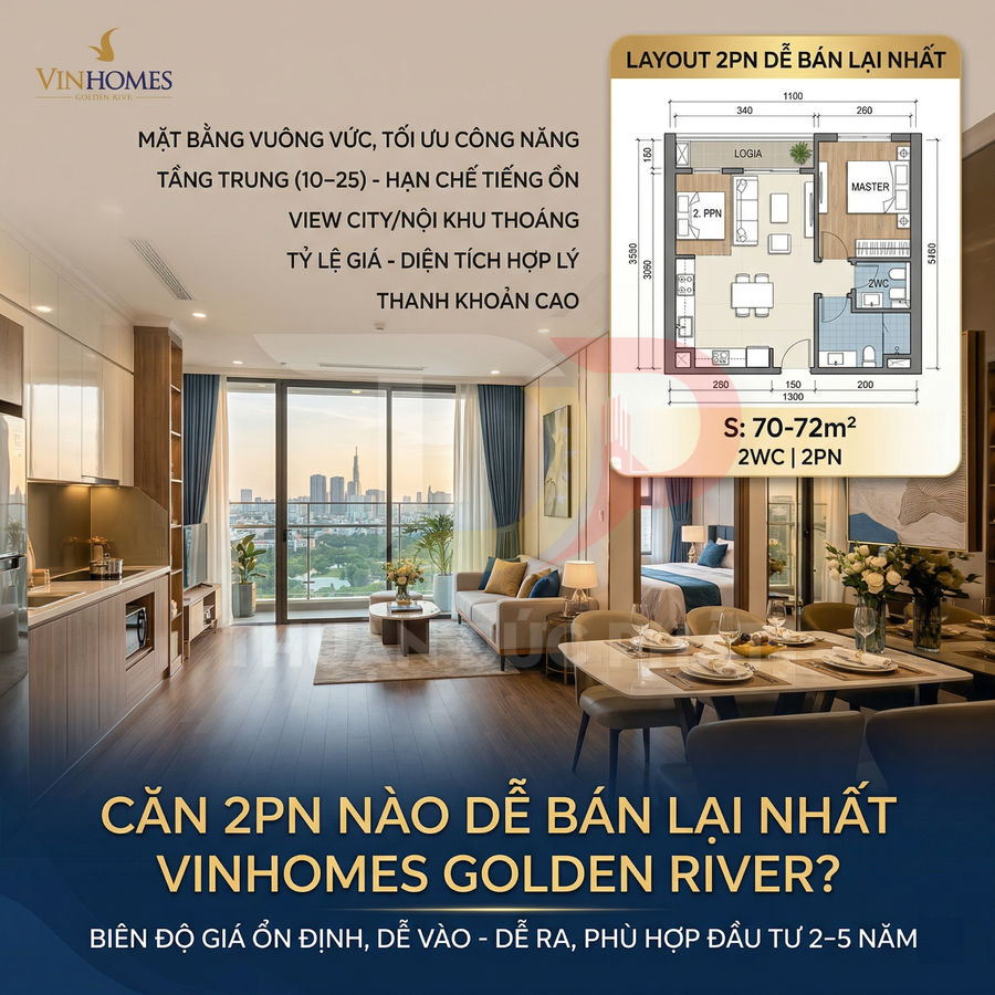 Căn hộ 2 phòng ngủ Vinhomes Golden River nội thất cao cấp, phòng khách và bếp liên thông, view thành phố rộng mở