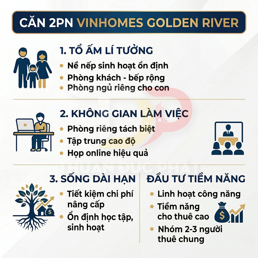 Căn hộ 2 phòng ngủ Vinhomes Golden River, không gian sống và làm việc, phù hợp gia đình và đầu tư cho thuê
