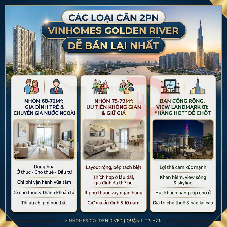 Infographic giới thiệu các loại căn hộ 2 phòng ngủ Vinhomes Golden River dễ bán lại, diện tích và ưu điểm từng nhóm