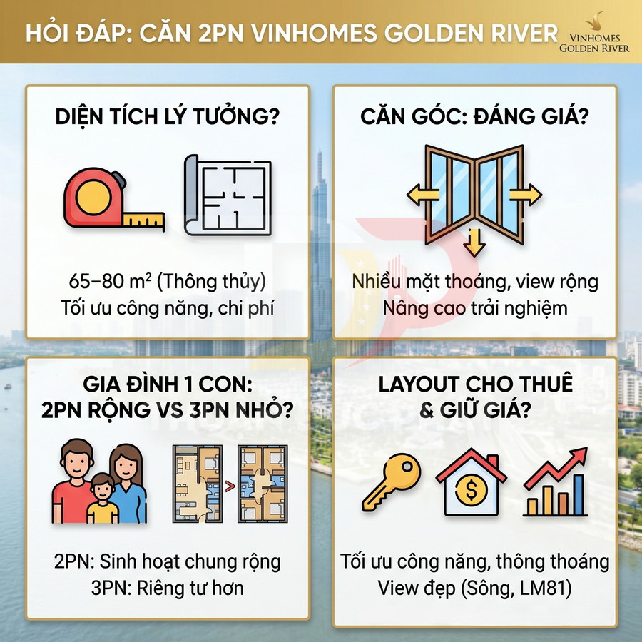 Infographic tư vấn chọn căn hộ 2 phòng ngủ Vinhomes Golden River về diện tích, căn góc, bố trí phòng và layout cho thuê