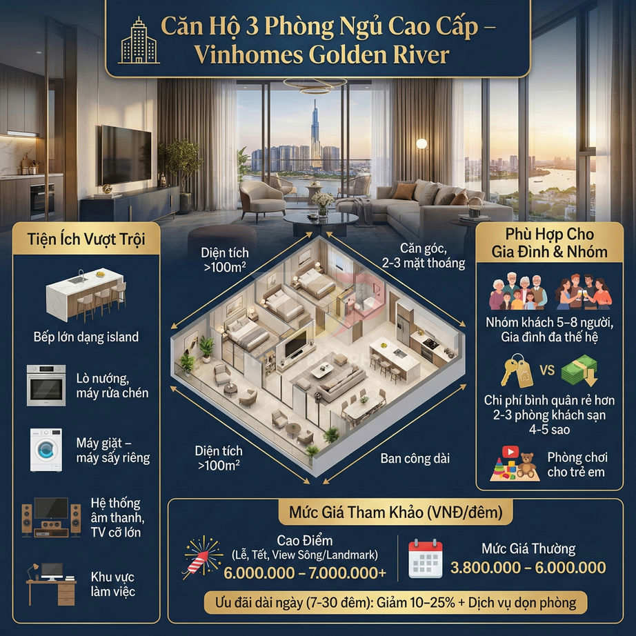 Căn hộ 3 phòng ngủ cao cấp Vinhomes Golden River với phòng khách view sông, bếp island và sơ đồ mặt bằng rộng trên 100m2