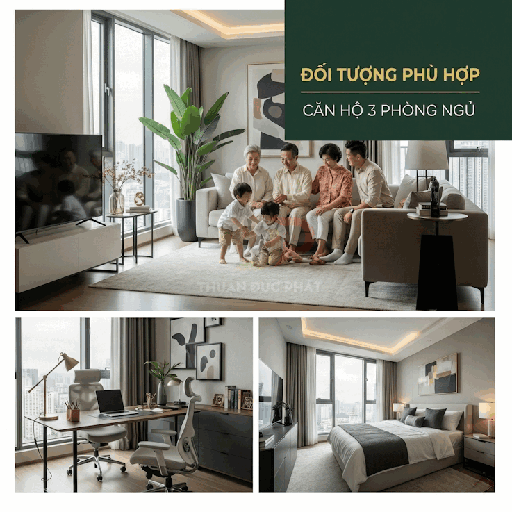 Căn hộ 3 phòng ngủ hiện đại với phòng khách rộng cho gia đình, phòng làm việc và phòng ngủ master sang trọng