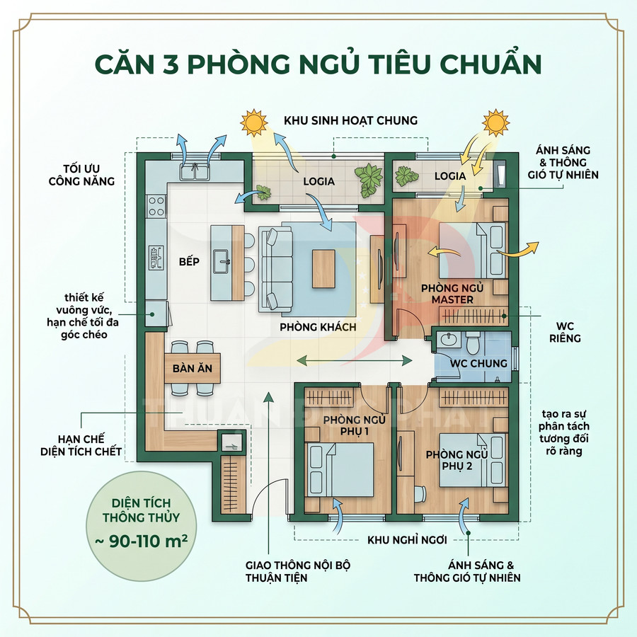 Mặt bằng căn hộ 3 phòng ngủ tiêu chuẩn 90 110m2 với phòng khách bếp logia và hai nhà vệ sinh