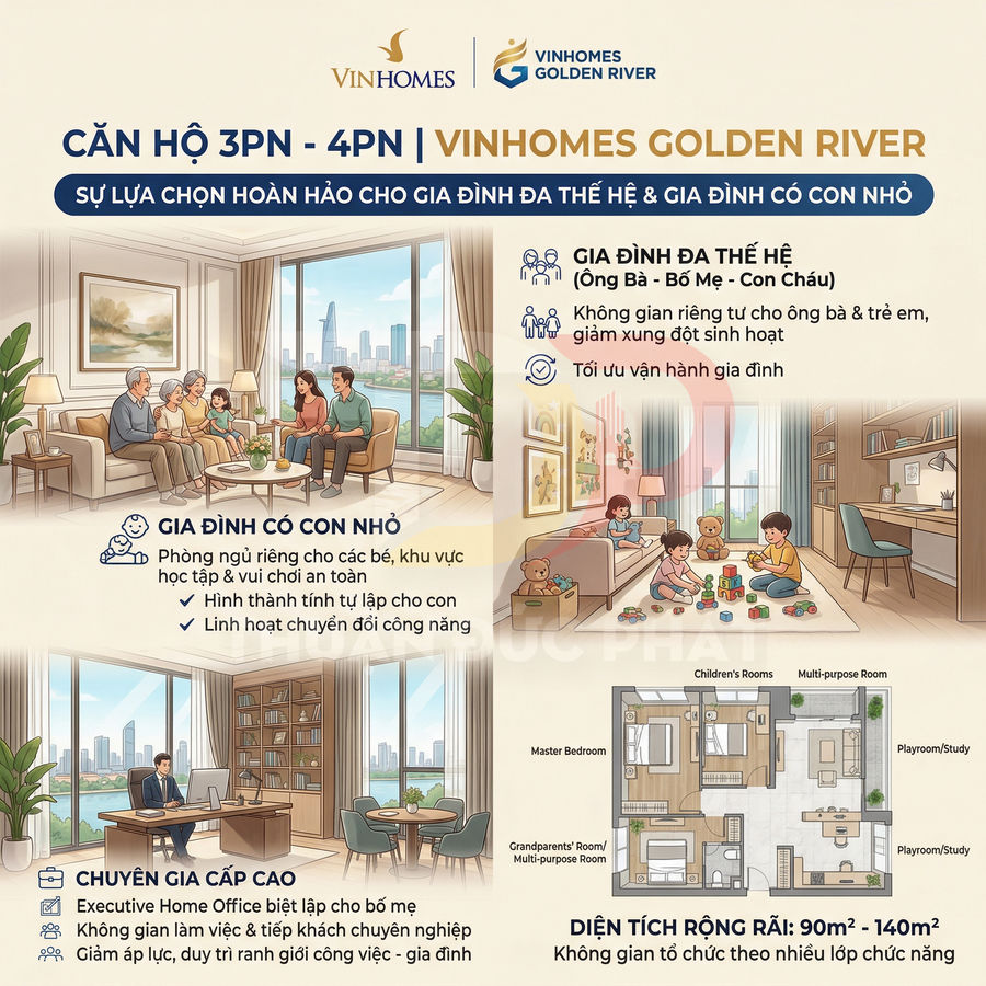 Thiết kế căn hộ 3 4 phòng ngủ Vinhomes Golden River cho gia đình đa thế hệ và gia đình có con nhỏ