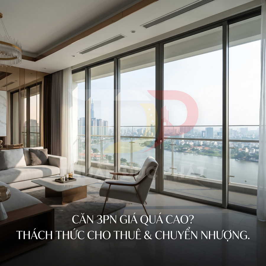 Phòng khách căn hộ cao cấp với cửa kính lớn nhìn ra sông và thành phố, nội thất hiện đại sang trọng