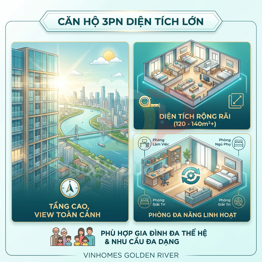 Căn hộ 3 phòng ngủ diện tích lớn Vinhomes Golden River, view sông và thành phố, không gian rộng rãi linh hoạt