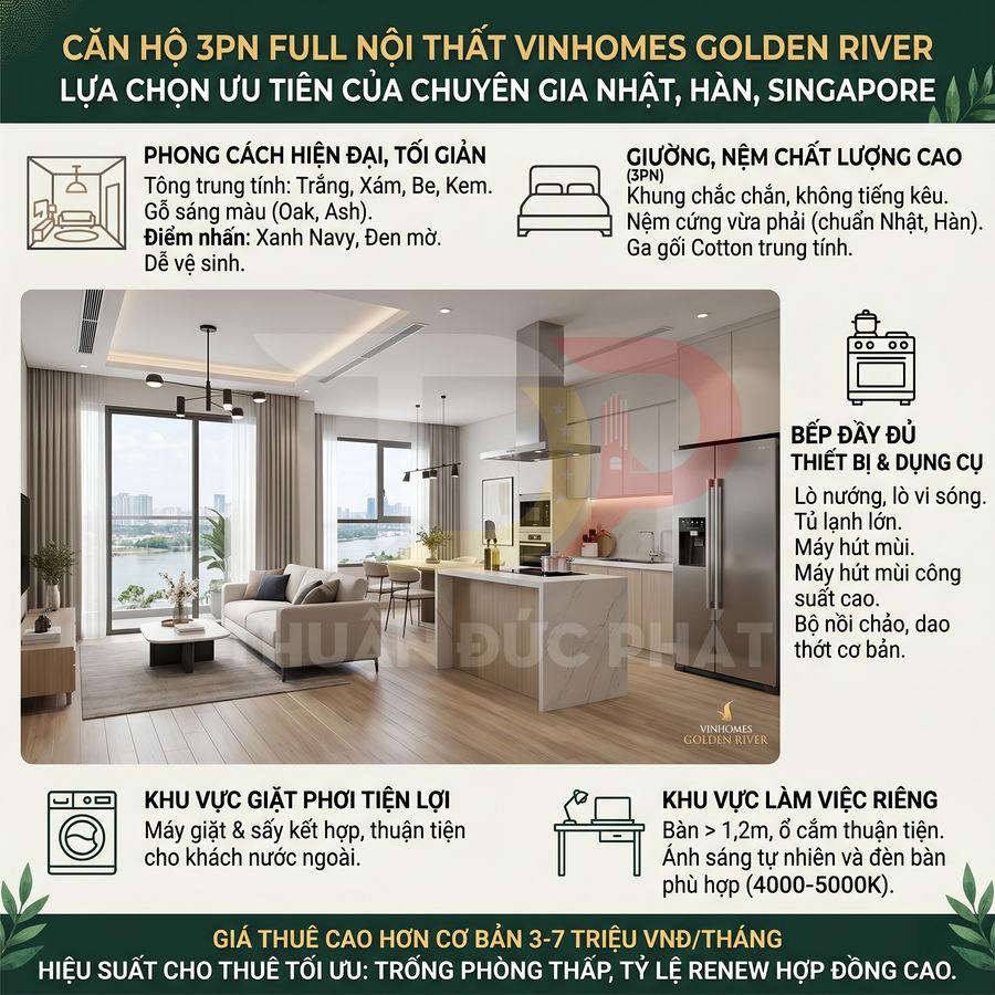 Căn hộ 3 phòng ngủ full nội thất hiện đại tại Vinhomes Golden River với phòng khách bếp liền kề view sông