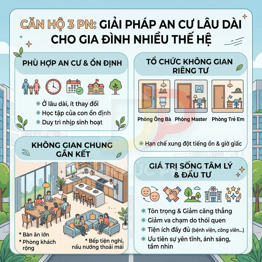 Infographic lợi ích căn hộ 3 phòng ngủ cho gia đình nhiều thế hệ với không gian riêng tư và khu sinh hoạt chung rộng rãi