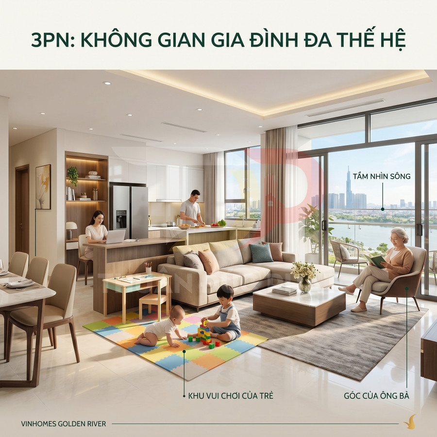 Căn hộ Vinhomes Golden River 3 phòng ngủ, phòng khách bếp liên thông, ban công view sông cho gia đình đa thế hệ
