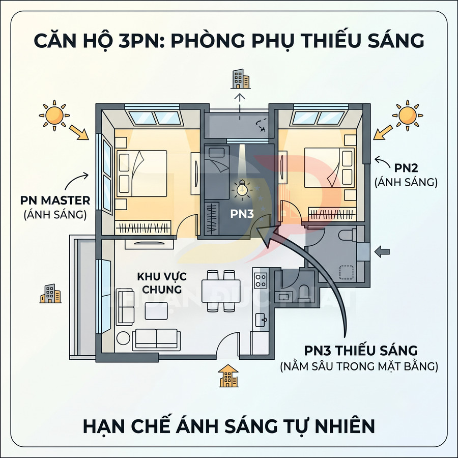 Mặt bằng căn hộ 3 phòng ngủ với phòng ngủ phụ PN3 nằm sâu thiếu sáng, hạn chế ánh sáng tự nhiên