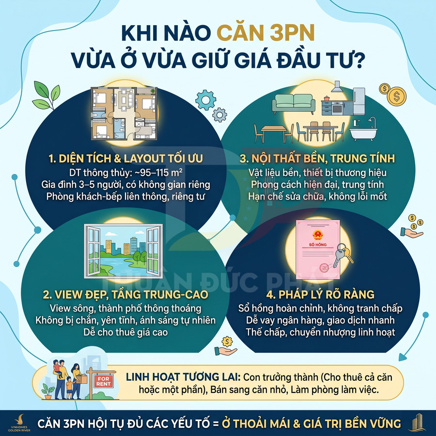 Infographic tư vấn tiêu chí chọn căn hộ 3 phòng ngủ tối ưu để ở và giữ giá trị đầu tư