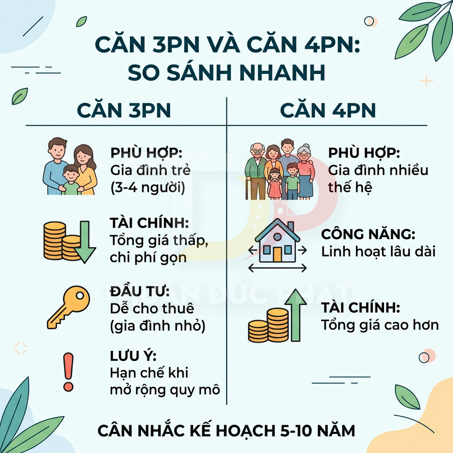 So sánh ưu nhược điểm căn hộ 3 phòng ngủ và 4 phòng ngủ cho gia đình và tài chính