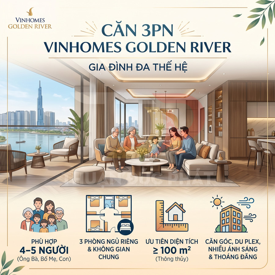 Diện tích căn 3 phòng ngủ Vinhomes Golden River có phù hợp cho gia đình nhiều thế hệ?