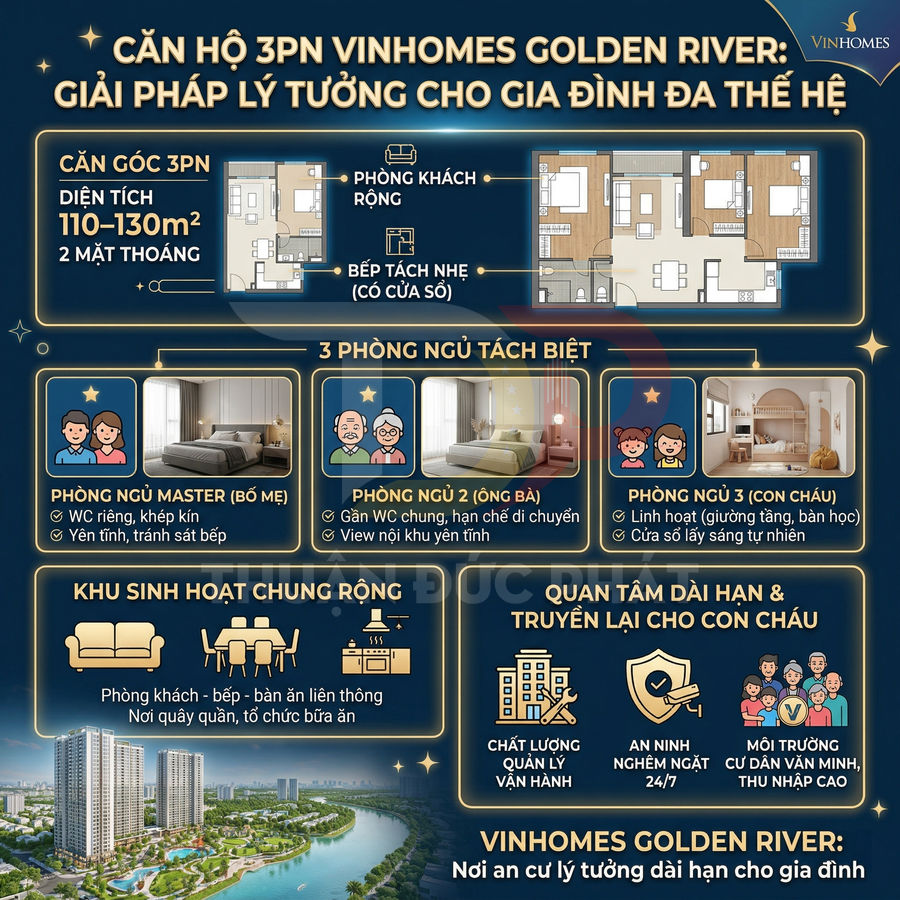 Thiết kế căn hộ 3 phòng ngủ Vinhomes Golden River cho gia đình đa thế hệ với không gian sinh hoạt chung rộng