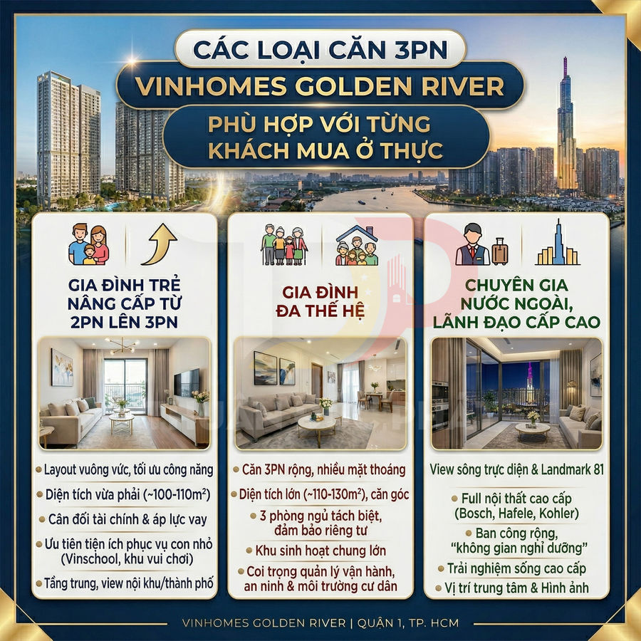 Thiết kế căn hộ 3 phòng ngủ Vinhomes Golden River cho gia đình trẻ, gia đình đa thế hệ và chuyên gia cao cấp