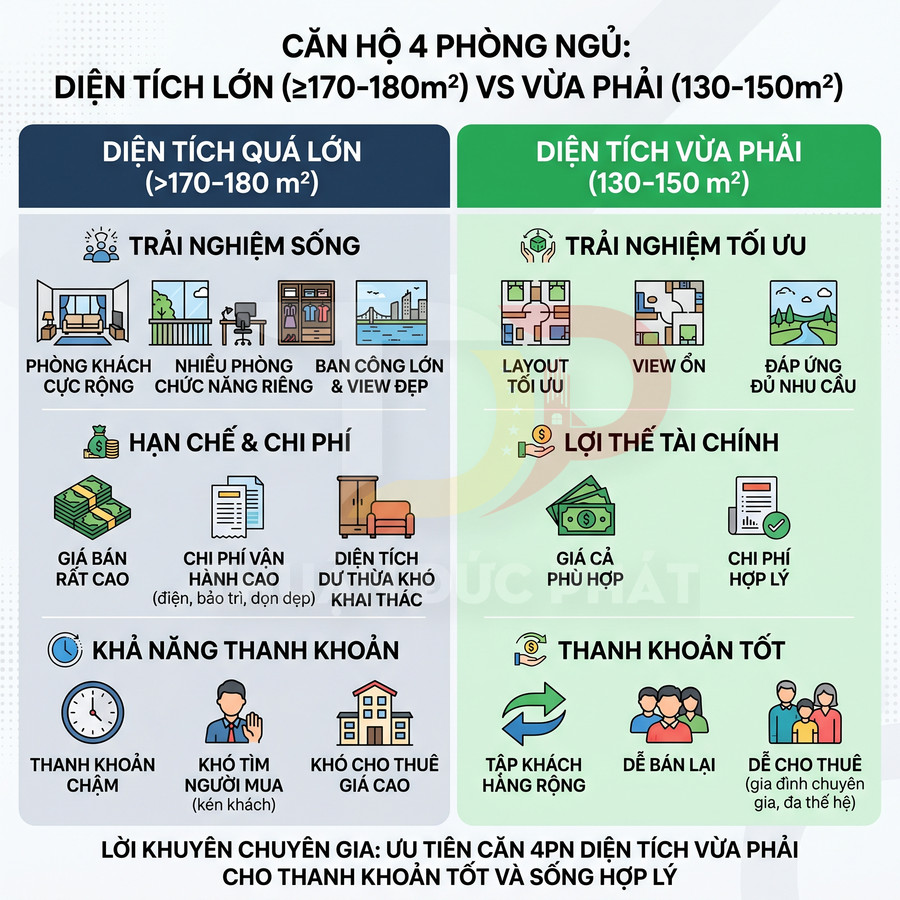 So sánh ưu nhược điểm căn hộ 4 phòng ngủ diện tích lớn và vừa phải về trải nghiệm sống, chi phí và thanh khoản