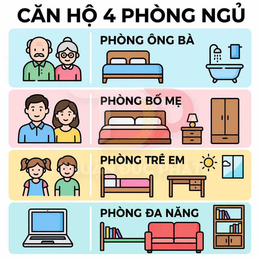 Mô tả căn hộ 4 phòng ngủ gồm phòng ông bà, phòng bố mẹ, phòng trẻ em và phòng đa năng với nội thất minh họa