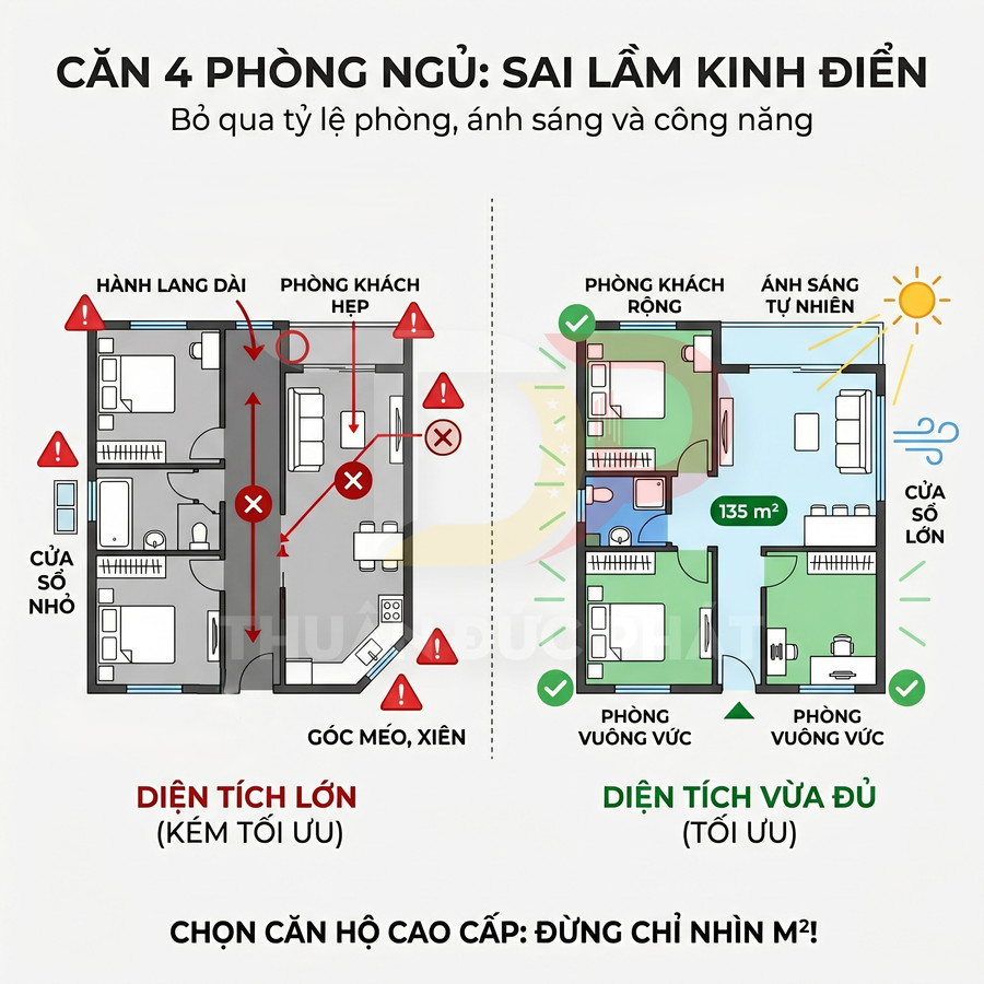 So sánh mặt bằng căn hộ 4 phòng ngủ diện tích lớn kém tối ưu và căn hộ 135m2 tối ưu ánh sáng, công năng