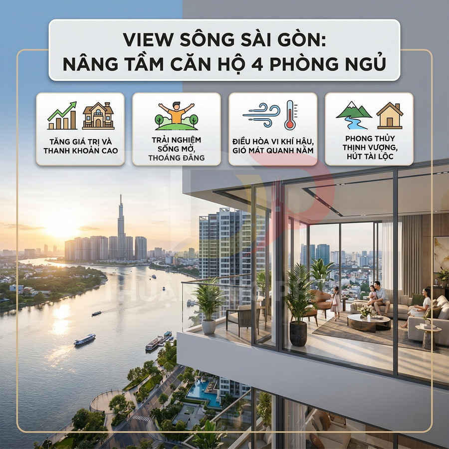 Căn hộ cao cấp 4 phòng ngủ view sông Sài Gòn, ban công rộng, nội thất hiện đại, nhìn toàn cảnh thành phố