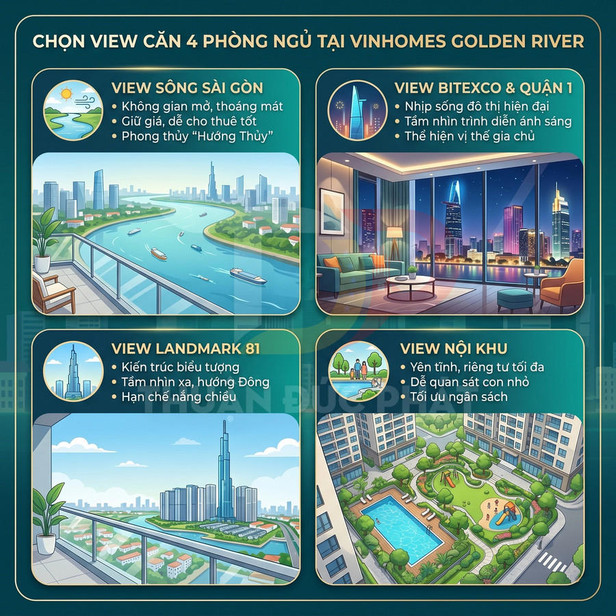 Infographic so sánh các lựa chọn view căn hộ 4 phòng ngủ tại Vinhomes Golden River ở TP HCM