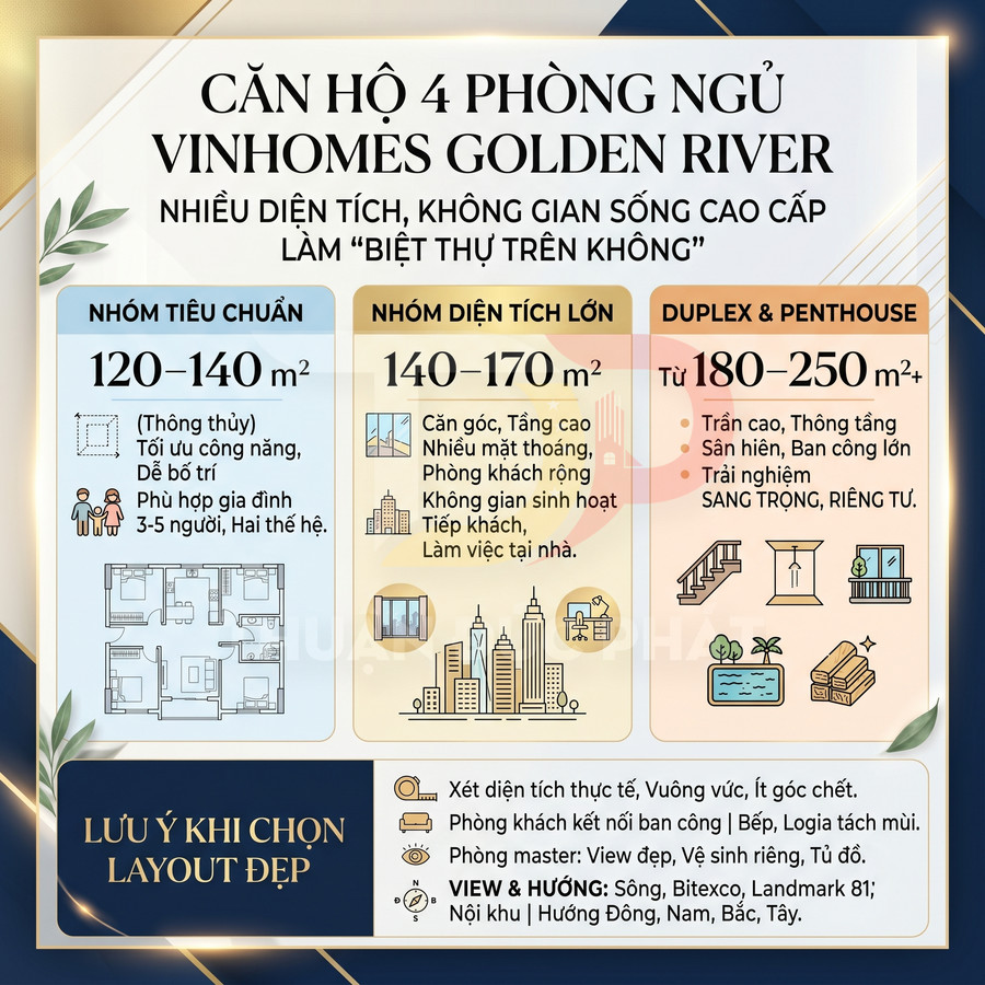Các loại diện tích căn 4 phòng ngủ Vinhomes Golden River và cách chọn layout đẹp