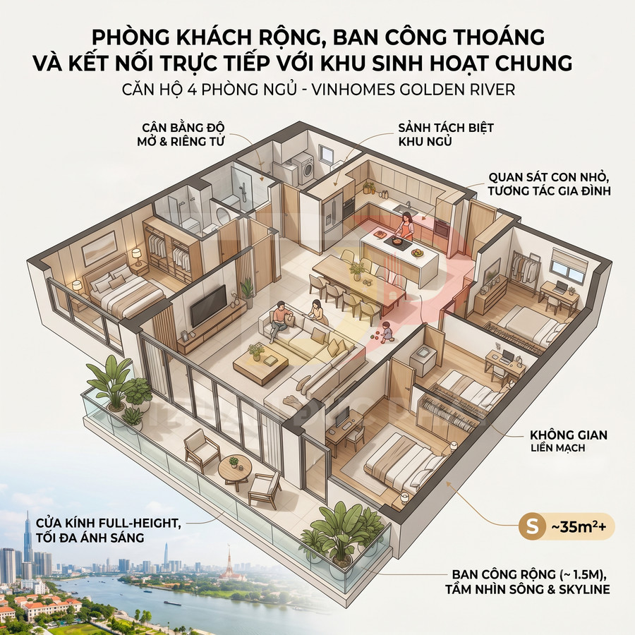 Mặt bằng 3D căn hộ 4 phòng ngủ Vinhomes Golden River với phòng khách, bếp và ban công rộng nhìn ra sông