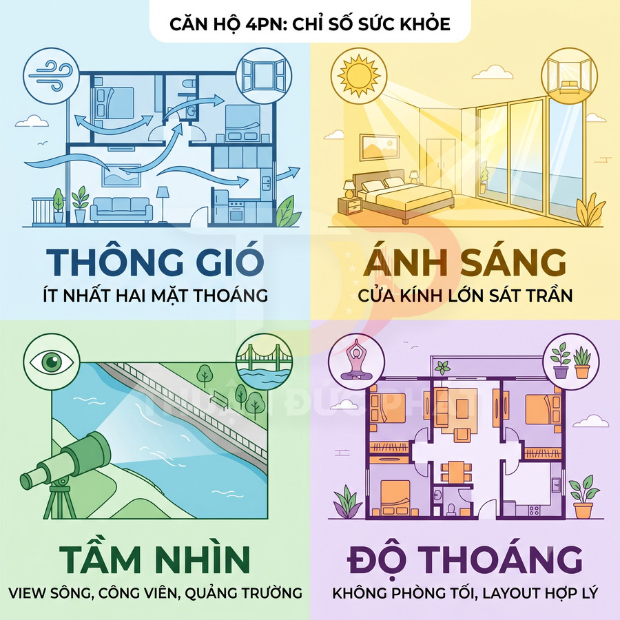 Minh họa căn hộ 4 phòng ngủ với tiêu chí thông gió, ánh sáng, tầm nhìn và độ thoáng tốt cho sức khỏe