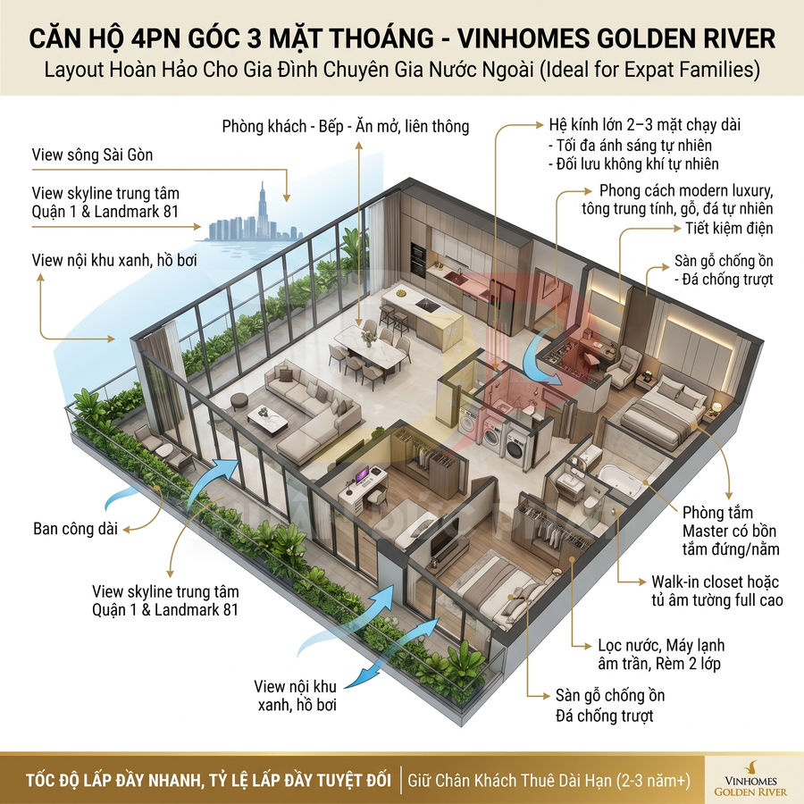 Mặt bằng căn hộ 4 phòng ngủ góc 3 mặt thoáng Vinhomes Golden River với phòng khách bếp liên thông ban công dài
