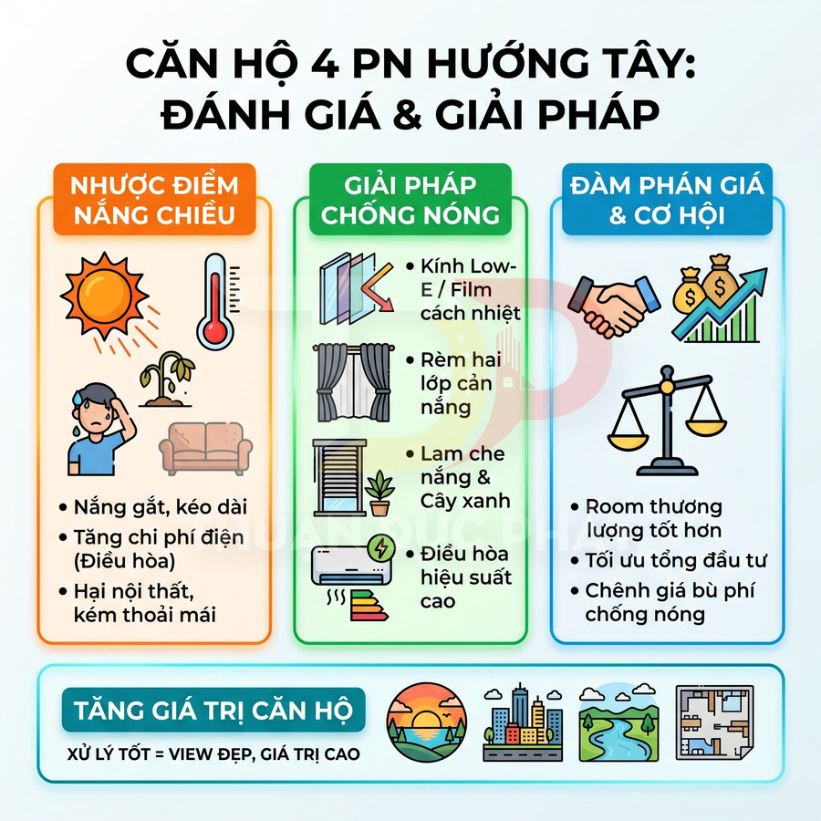 Infographic đánh giá nhược điểm nắng chiếu và giải pháp chống nóng cho căn hộ 4 phòng ngủ hướng tây