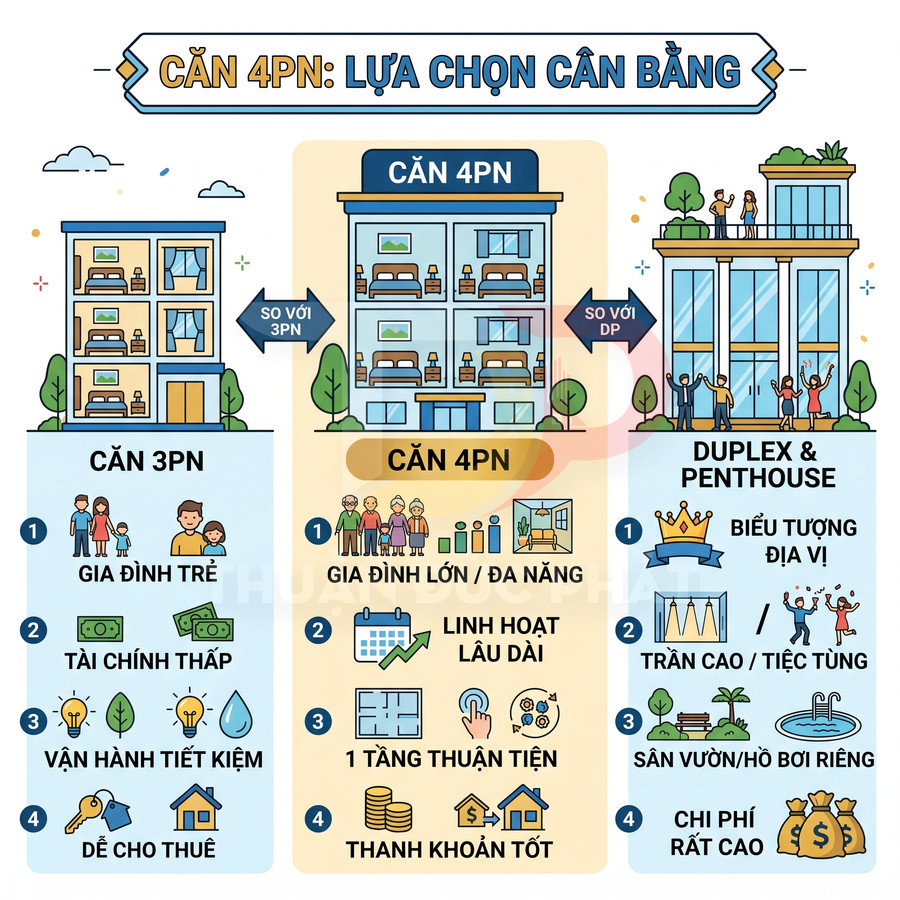 So sánh căn hộ 3 phòng ngủ, 4 phòng ngủ với duplex và penthouse về công năng và chi phí