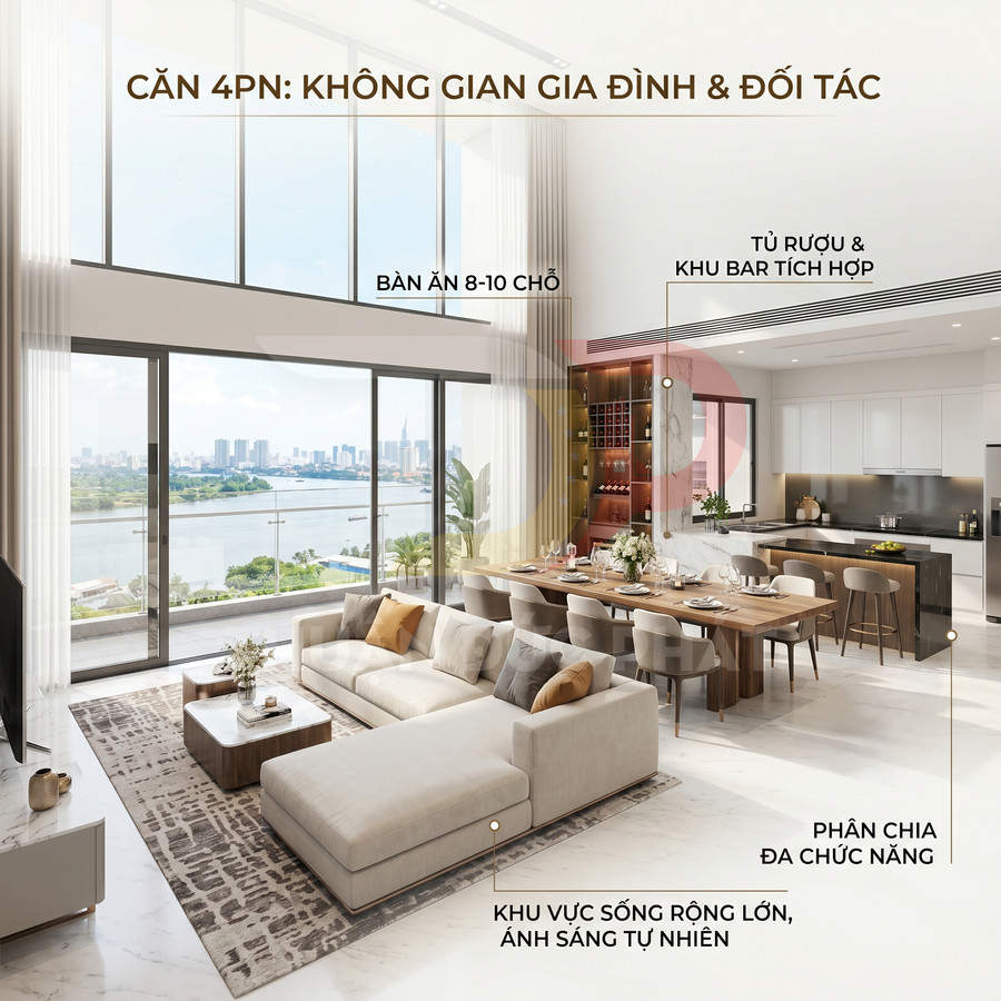 Phòng khách và bếp căn hộ cao cấp 4 phòng ngủ với sofa lớn, bàn ăn dài, tủ rượu và cửa kính nhìn ra sông